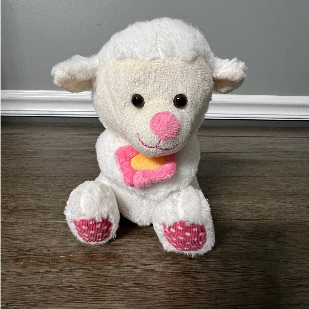 Animal Adventure Lamb Plush White Sheep Pink Flower Polka Dot Stuffed Animal